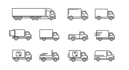 Set of Delivery Trucks and Cargo Vans Line Art Icons for Logistics, Shipping, Transport and Freight Transport Vehicles Outline Vector Illustration