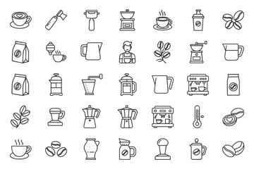 Barista Icon Set Outline Style, Coffee Brewing Tools, Espresso Equipment, Coffee Beans, Cup, Grinder, Tamper, French Press, Latte Art, Mug, Barista Tools Collection