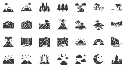 Naklejka premium Collection of Black Nature and Landscape Icons with Mountains, Trees, Rivers, Volcanoes, Islands, Sunsets, Rainbows, Moon, and Cityscape Elements for Vector Design