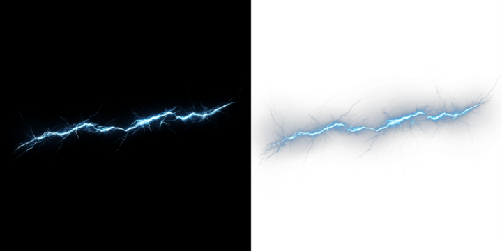 Electric blue lightning bolt overlay on contrasting black and white backgrounds, showcasing dynamic energy and visual impact for creative design projects and digital artwork