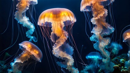 Glowing jellyfish drifting in the bioluminescent ocean, mesmerizing underwater scene, magical marine creature, ethereal deep-sea photography, aquatic fantasy, vibrant neon light, perfect for nature an
