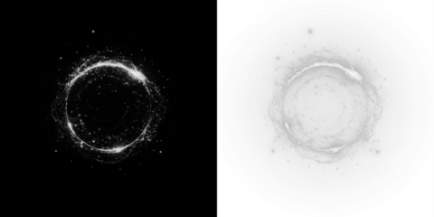 Abstract circular light overlay with glowing particles on contrasting black and white backgrounds, creating a dynamic visual effect for creative design projects