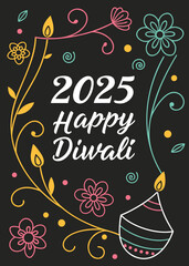 Vector art of happy diwali 2025 greeting card with floral elements and diya, celebrating the festival of lights with traditional wishes and festive decorations