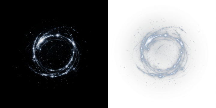 Abstract circular png overlay with luminous particles and swirling effects on contrasting black and white backgrounds, ideal for creative design projects and visual storytelling - Powered by Adobe