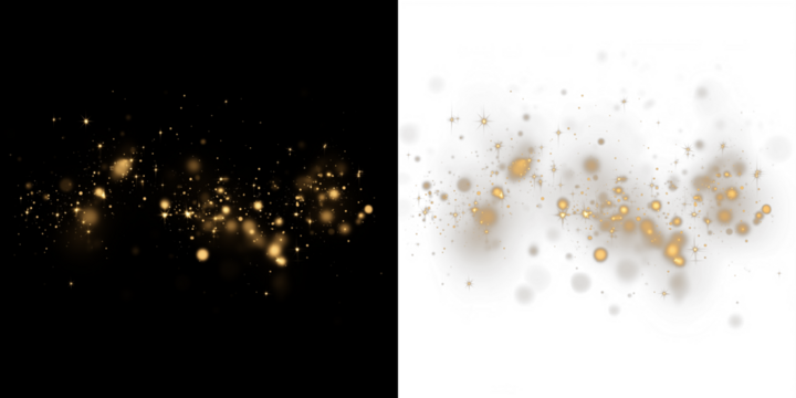 Golden sparkles and bokeh effects on contrasting black and white backgrounds, creating a stunning visual overlay for festive designs and celebrations with copy space