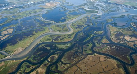 Fototapeta premium Aerial view shows intricate water channels winding through marshland, reflecting sunlight