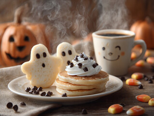 Hearty hot breakfast with steaming coffee, bokeh.