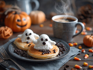 Spooky halloween breakfast with steaming coffee