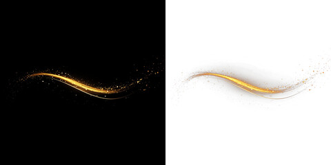 Elegant golden wave overlay with sparkling particles on contrasting black and white backgrounds, perfect for creative design projects and visual storytelling