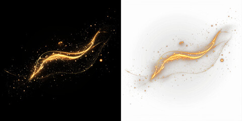 Golden sparkles and shimmering light trails on contrasting black and white backgrounds, creating a mesmerizing visual effect for artistic and design purposes
