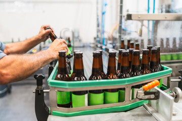 Brew worker hands moving brown beer bottles from a filling machine to crates on an industrial production line