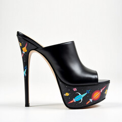 fashionable women shoes, stylized spaceships painted on the platform and heel