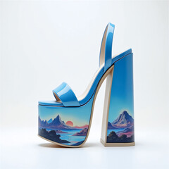 futuristic high heel blue sandal, a sci-fi landscape painted on the platform and heel