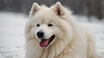 Obraz premium Fluffy Samoyed dog sitting and panting on white background, adorable smiling breed, playful pet portrait, pure white fur photography