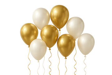 Elegant gold and white balloons floating, celebrating festive occasions like birthday parties, anniversaries, and new year