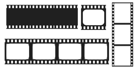 Set Old cinematic frame, video film strip. Retro vintage tape empty template with slide. Tape border, grunge textured silhouette. Video photo reel on background 
