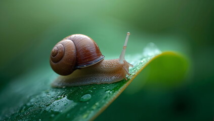 Small Snail With Brown Spiral Shell Crawling On A Wet Green Leaf