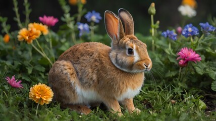 Fototapeta premium Adorable rabbit with flower, cute bunny in spring nature, Easter symbol, fluffy pet animal with floral background, wildlife photography