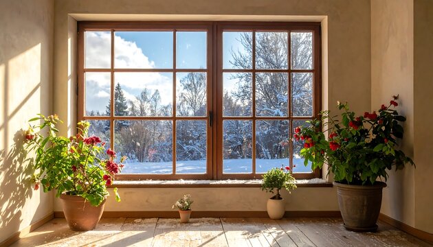 Interior scene featuring a large window overlooking a snowy winter landscape