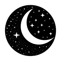Simple black silhouette of a crescent moon against a white background perfect for celestial themes and night sky designs