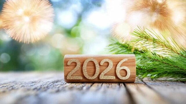 Year 2026 in a Rustic Ambiance: A wooden block, inscribed with the year 2026, sits on a textured wooden surface. The image invokes a sense of anticipation and new beginnings.