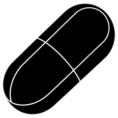 Simple black silhouette illustration of a single pill capsule ideal for medical or health related designs
