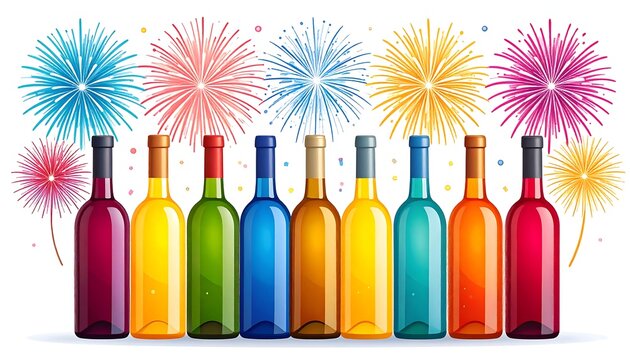 A vibrant illustration depicts colorful wine bottles lined up with a firework display backdrop