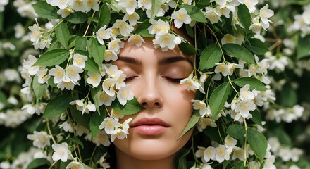 Stunning woman with eyes closed surrounded by delicate white jasmine flowers offers serene beauty and natural skincare concepts for wellness brands