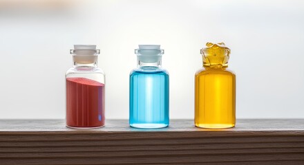 Elegant colorful liquids in glass bottles create a modern science vibe, perfect for pharmaceutical, cosmetic, or health-related projects needing a vibrant edge