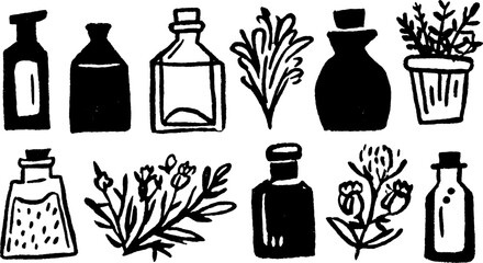 Illustration of various bottles and plants. Simple black and white design in a vector set featuring hand-drawn containers and botanicals.