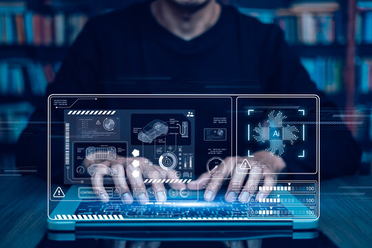 Programmer people working laptops or smartphones with AI, artificial intelligence software engineer coding on laptop computers with technology icons and binary code, big data, Ai bot digital machine - Powered by Adobe