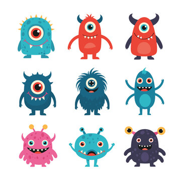 A collection of nine colorful and cute cartoon monsters with unique features.