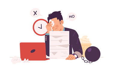 Illustration of stressed office worker chained to desk, surrounded by reports, laptop, and clock behind. Concept of work stress, burnout, and deadline pressure. Vector isolated on white background