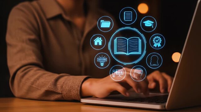E-learning and online education concept. Online training programs and personalized learning. Person using laptop with E-learning icons on interface screen.
