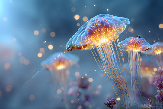 glowing biolight creatures swimming through surreal mist in an ethereal luminous fantasy style