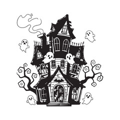 Vector art of haunted house with ghosts illustration