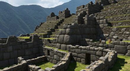Ancient stone structures of a mountain citadel with terraced steps and lush green slopes