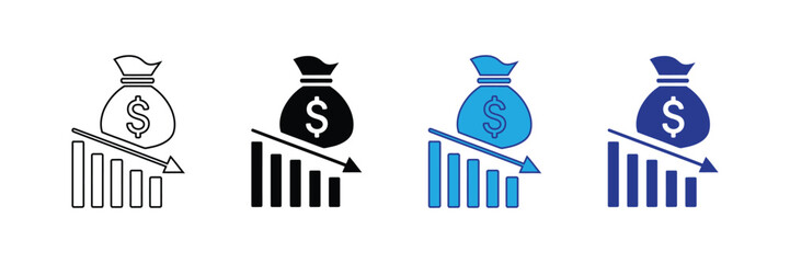 Financial loss icon with a money bag and a downward trending bar chart, isolated on transparent background