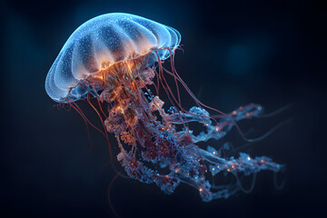 Fototapeta premium glitching holographic jellyfish with flowing biolight trails in vibrant purple and cyan tones