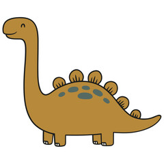 Cute cartoon brown dinosaur with a long neck and rounded plates on its back, smiling happily.