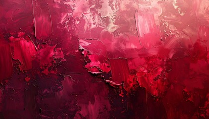Abstract close-up of a textured artwork featuring vibrant shades of red and pink hues with brush strokes