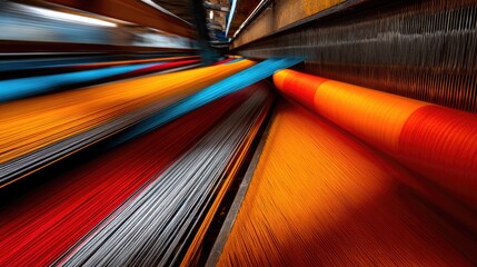 Fototapeta premium Vibrant Threads in Motion: A Close-Up of Colorful Yarn Spools in a Textile Factory Setting Capturing Dynamic Textile Production