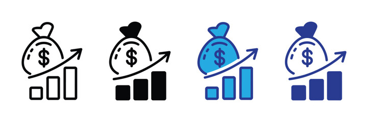Financial growth icon with a money bag and upward trending bar chart, isolated on transparent background