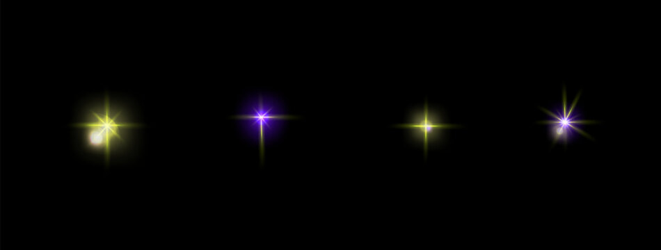 Shining star set with soft glimmer light. Bright flare and sparkle effect create a dreamy star glow and radiant light glow.
