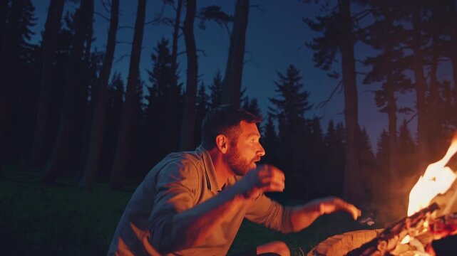 Young man gesturing and telling an exciting story to his two little sons while sitting together by a campfire in a pine forest at night