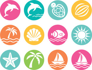 A vibrant collection of twelve colorful oval shapes each featuring a distinct summer or beach themed silhouette design in white against a bright solid background