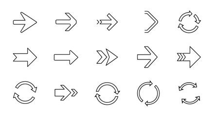 Arrow icons set. Big collection of different black line pointers. Vector graphic for web design. Navigation, direction, next, refresh, reload, cycle, forward, back symbol.
