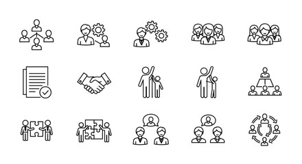 Business management line icon set. Vector symbols for teamwork, collaboration, and corporate strategy. Icons for leadership, partnership, agreement, and organization chart.