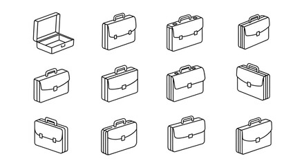 Briefcase icon set isometric line art. Business portfolio bag symbol. Corporate work case collection. Lawyer diplomat accessory. Finance document holder outline vector.