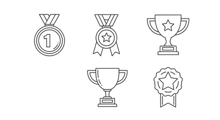Award Medal Trophy Icon Set. Linear Vector Collection of Winner Medals with Ribbons, Trophy Cups, Star Badges. Prize, Championship, Achievement, Victory, Success, Contest, Sports, Excellence, Line Art